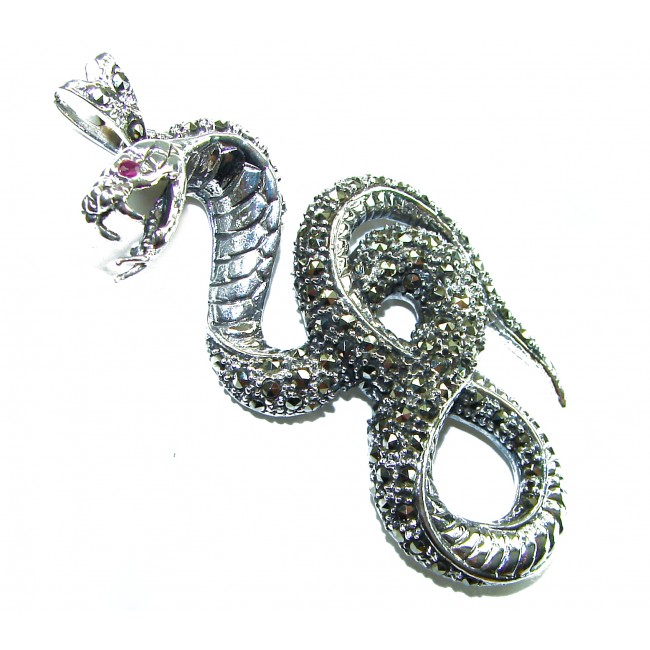 Large 2 5/8 inches long Cobra Snake genuine Marcasite .925 Sterling Silver handmade Pendant