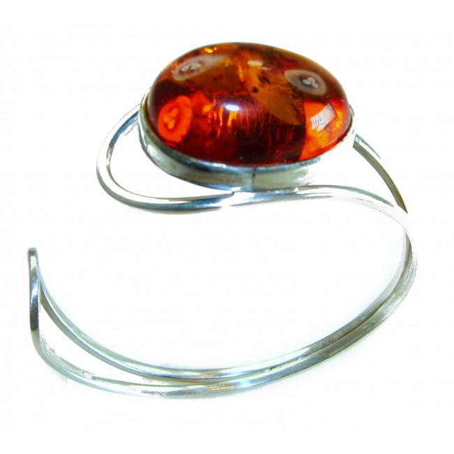 Classy Design Genuine BEST QUALITY Baltic Amber .925 Sterling Silver handamde Bracelet / Cuff - Side view of sterling silver bracelet with Baltic amber stone.