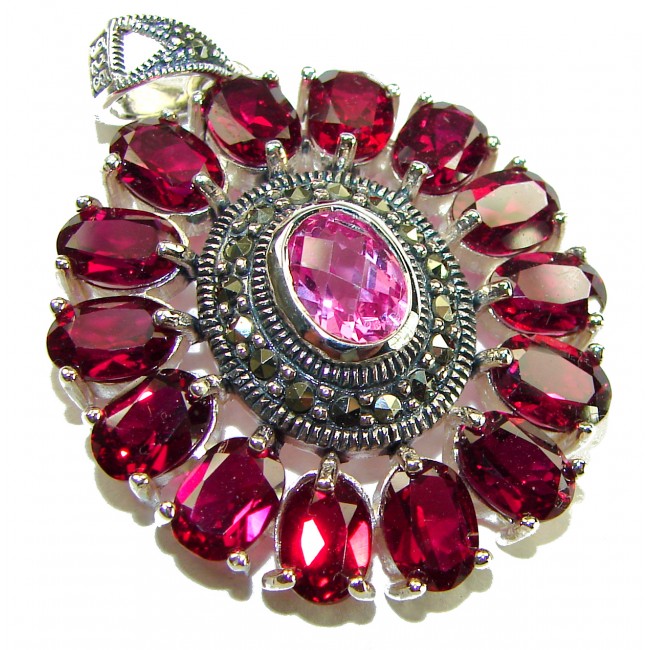 Posh Rose - 21.5 CARAT Pink Sapphire Garnet .925 Sterling Silver handmade Pendant - Close-up of pink sapphire and garnet sterling silver pendant.