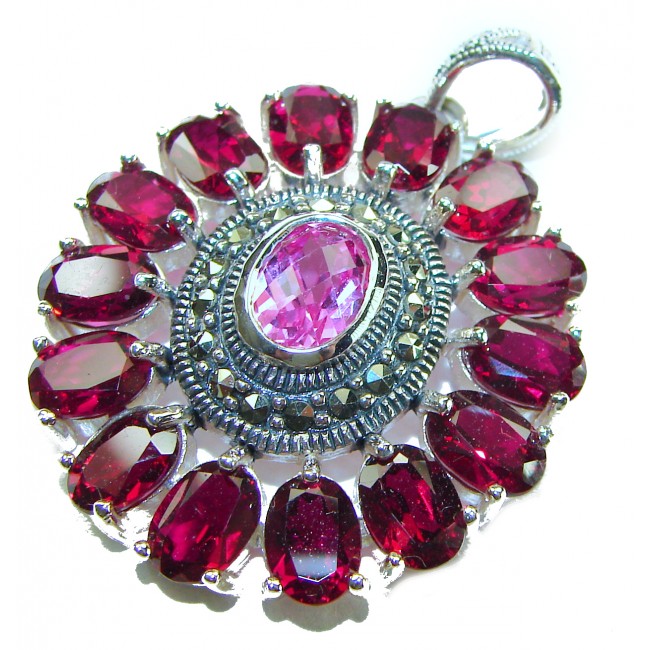 Posh Rose - 21.5 CARAT Pink Sapphire Garnet .925 Sterling Silver handmade Pendant - Pink sapphire garnet pendant, front view, gemstone close-up.