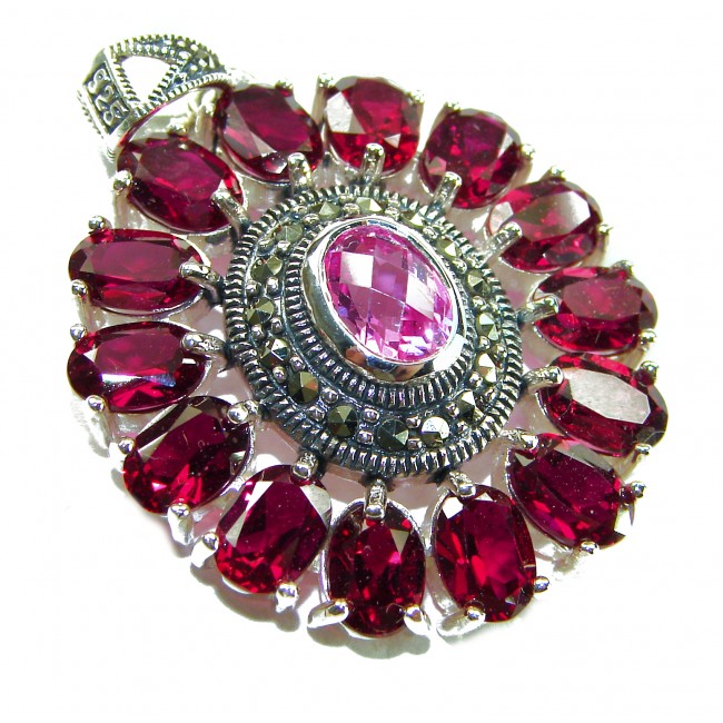 Posh Rose - 21.5 CARAT Pink Sapphire Garnet .925 Sterling Silver handmade Pendant - Close-up of Posh Rose pendant with pink sapphire and garnet stones.