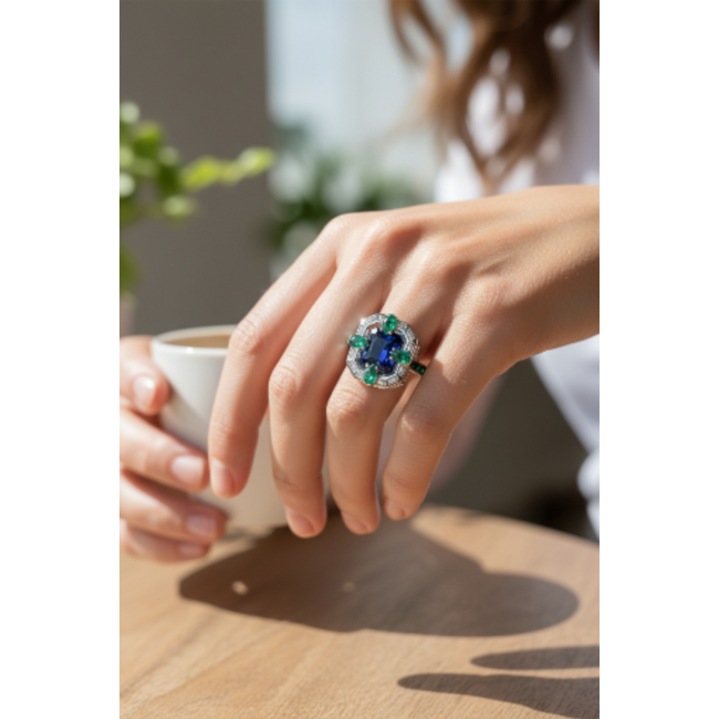 Art Deco 8.6 ctw Sapphire Emerald .925 Sterling Silver handcrafted Statement Ring size 8 - Sapphire emerald silver ring worn on hand with coffee cup