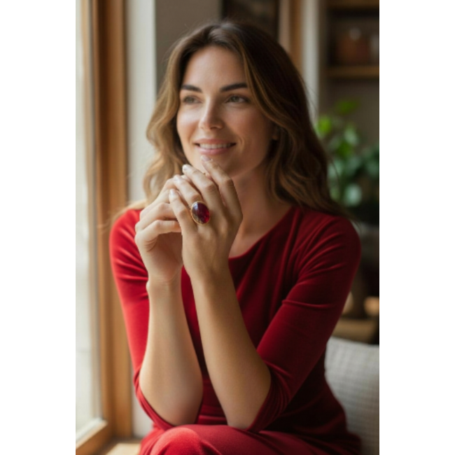 Bella Rosa Genuine 24.8 CARAT Star Ruby 18k GOLD OVER .925 Sterling Silver Large Statement Ring size 9 - Woman wearing Bella Rosa Star Ruby ring, close-up of hand and ring.