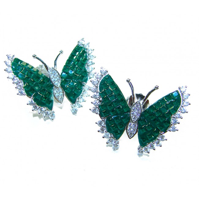 Incredible Butterflies genuine 10.5 CARAT Emerald .925 Sterling Silver handcrafted Earrings - photo 3