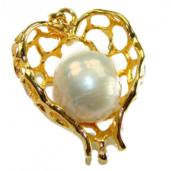 Precious golden Heart genuine Pearl 14k Gold over .925 Sterling Silver handmade Pendant