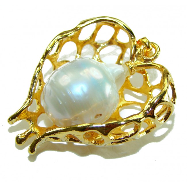 Precious golden Heart genuine Pearl 14k Gold over .925 Sterling Silver handmade Pendant