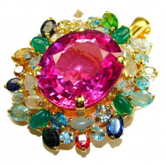 Pink Rose Garden - Vintage Design 45.2 carat Pink Sapphire .925 Sterling Silver dipped in 18K Gold handcrafted Pendant - Brooch - Close-up of Pink Sapphire with colorful gemstone accents.