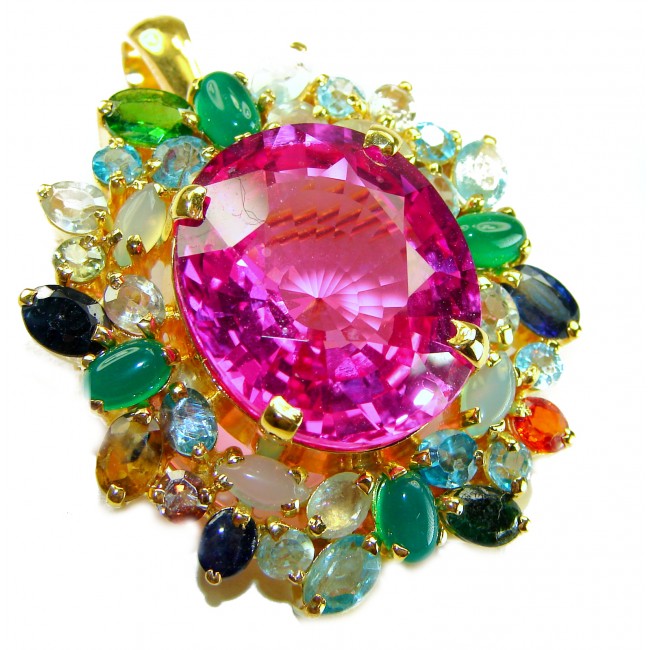 Pink Rose Garden - Vintage Design 45.2 carat Pink Sapphire .925 Sterling Silver dipped in 18K Gold handcrafted Pendant - Brooch - Close-up of pink sapphire with multicolored gems, gold setting