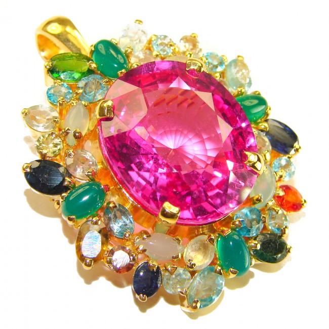 Pink Rose Garden - Vintage Design 45.2 carat Pink Sapphire .925 Sterling Silver dipped in 18K Gold handcrafted Pendant - Brooch - Close-up of Pink Sapphire pendant with colorful gemstones.
