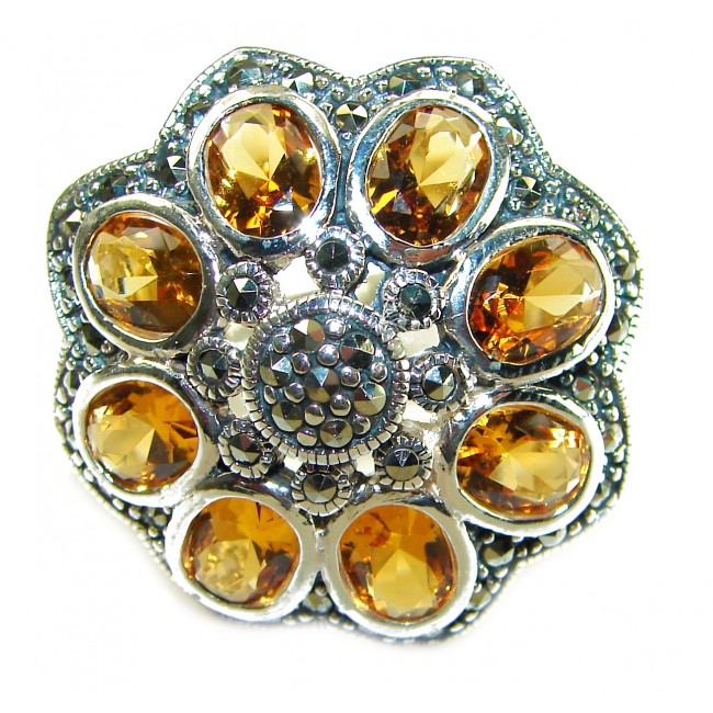 Golden Royalty 14.5 carat Citrine Marcasite .925 Sterling Silver Handcrafted Huge Ring size 9
