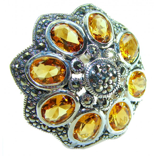 Golden Royalty 14.5 carat Citrine Marcasite .925 Sterling Silver Handcrafted Huge Ring size 9