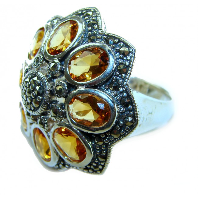 Golden Royalty 14.5 carat Citrine Marcasite .925 Sterling Silver Handcrafted Huge Ring size 9