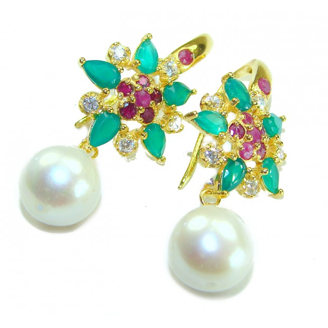 Born to Glam authentic 5.2 carat Ruby Pearl 18K Gold over .925 Sterling Silver handcrafted earrings