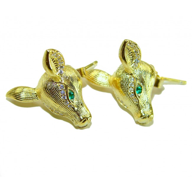 Deer'S Head 0.5 carat Emerald .925 Sterling Silver dipped in 18K Gold handmade Statement earrings