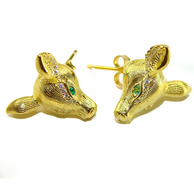 Deer'S Head 0.5 carat Emerald .925 Sterling Silver dipped in 18K Gold handmade Statement earrings