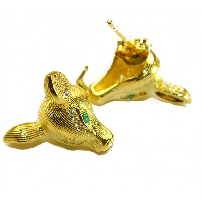 Deer'S Head 0.5 carat Emerald .925 Sterling Silver dipped in 18K Gold handmade Statement earrings