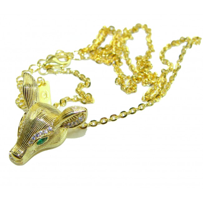 Deer'S Head 0.5 carat Emerald .925 Sterling Silver dipped in 18K Gold handmade Statement necklace