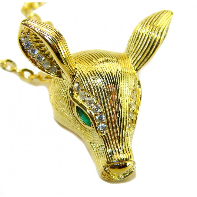 Deer'S Head 0.5 carat Emerald .925 Sterling Silver dipped in 18K Gold handmade Statement necklace