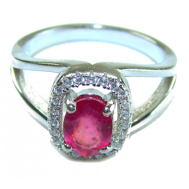 Spectacular Authentic 4.3 carat Ruby .925 Sterling Silver handmade Cocktail Ring s. 7 1/4 - Ruby ring in sterling silver, front view with stone close-up.
