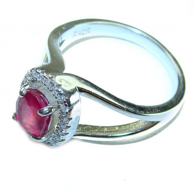 Spectacular Authentic 4.3 carat Ruby .925 Sterling Silver handmade Cocktail Ring s. 7 1/4 - Side view of sterling silver ring with 4.3 carat ruby and small diamonds.