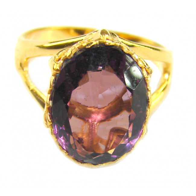 Purple Royalty 10.5 carat Amethyst .925 Sterling Silver dipped in 14K Rose Gold over Handcrafted Ring size 6 - Close-up of gold ring with a 10.5 carat purple amethyst stone