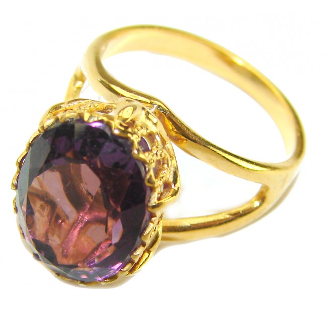 Purple Royalty 10.5 carat Amethyst .925 Sterling Silver dipped in 14K Rose Gold over Handcrafted Ring size 6 - Close-up of Purple Royalty Amethyst ring, gold-tone setting, side view.