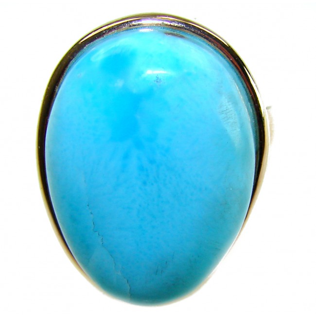Blue Perfection AAAA QUALITY Blue Larimar 18K Gold over .925 Sterling Silver handmade Large ring size 8 adjustable - Close-up of Blue Larimar stone set in 18K gold.
