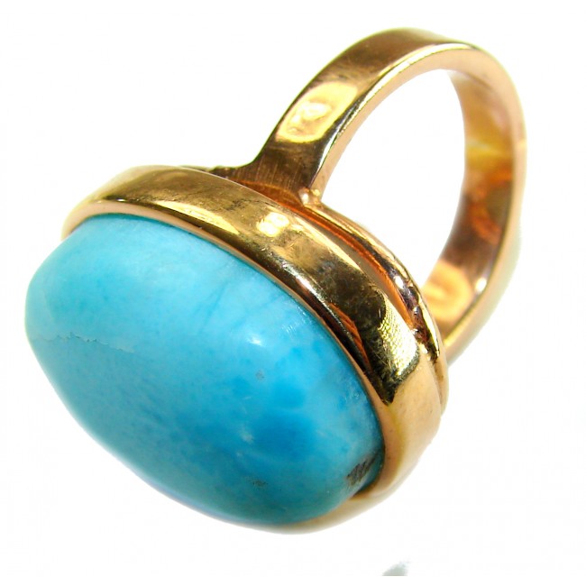 Blue Perfection AAAA QUALITY Blue Larimar 18K Gold over .925 Sterling Silver handmade Large ring size 8 adjustable - Blue Larimar ring in 18K gold, side view highlighting the stone.
