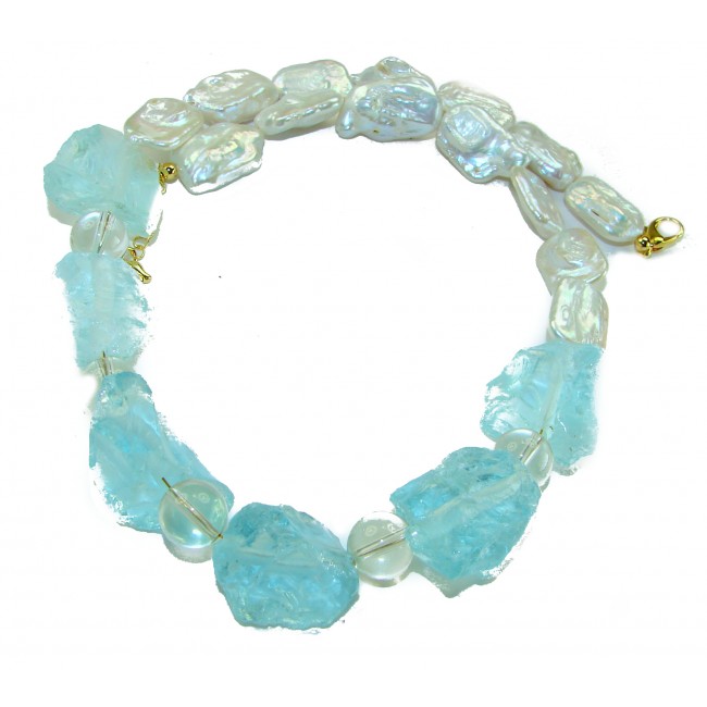 Sky and Ocean authentic rough Aquamarine Mother of Pearl 10k Gold over .925 Sterling Silver handcrafted STATEMENT Necklace