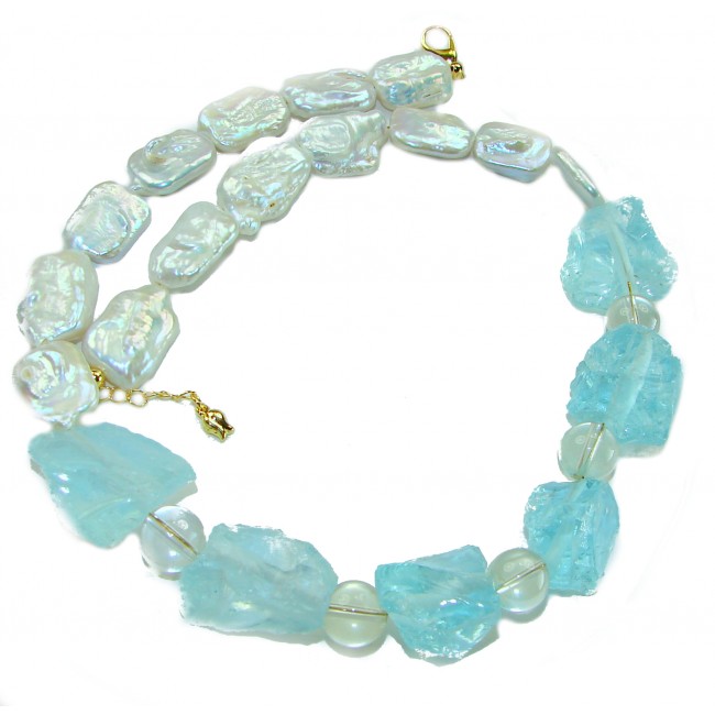 Sky and Ocean authentic rough Aquamarine Mother of Pearl 10k Gold over .925 Sterling Silver handcrafted STATEMENT Necklace
