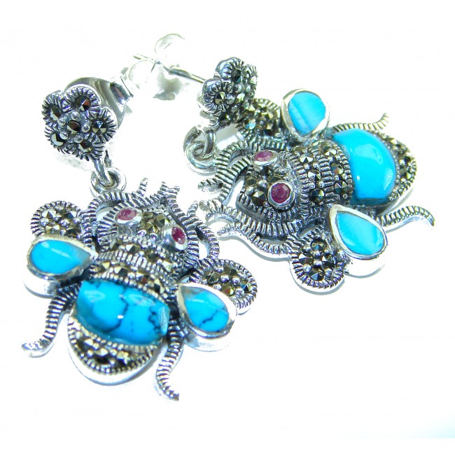 Blue Bees inlay Turquoise Ruby Marcasite .925 Sterling Silver Handcrafted earrings