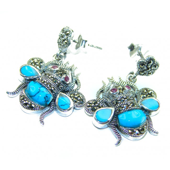 Blue Bees inlay Turquoise Ruby Marcasite .925 Sterling Silver Handcrafted earrings