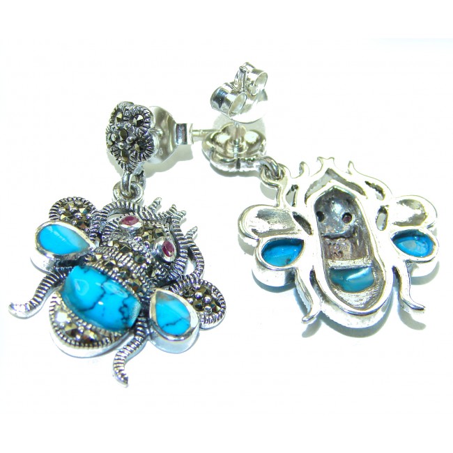 Blue Bees inlay Turquoise Ruby Marcasite .925 Sterling Silver Handcrafted earrings