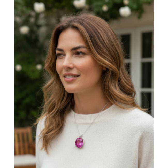 Pink Beauty - Oval cut 14.4 carat Pink Sapphire .925 Sterling Silver handcrafted pendant - Woman wearing "Pink Beauty" oval pink sapphire pendant, front view.