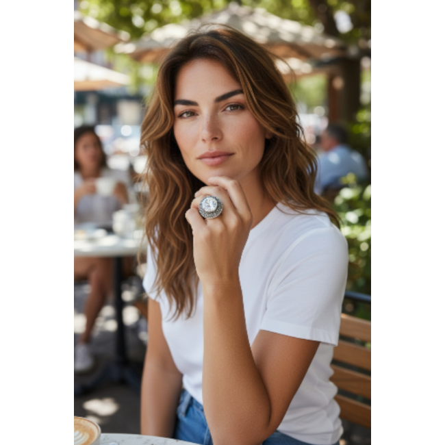 Pure Celestial energy Natural 28.4 carat White Topaz Marcasite .925 Sterling Silver handmade Large Statement Ring size 7 - photo 2