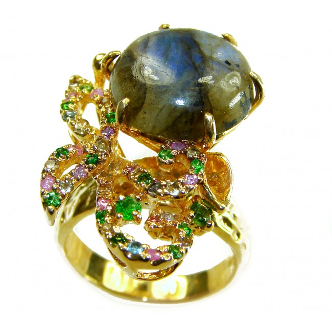 Shimmering Natural Labradorite 18K Gold over .925 Sterling Silver handcrafted Large ring size 8