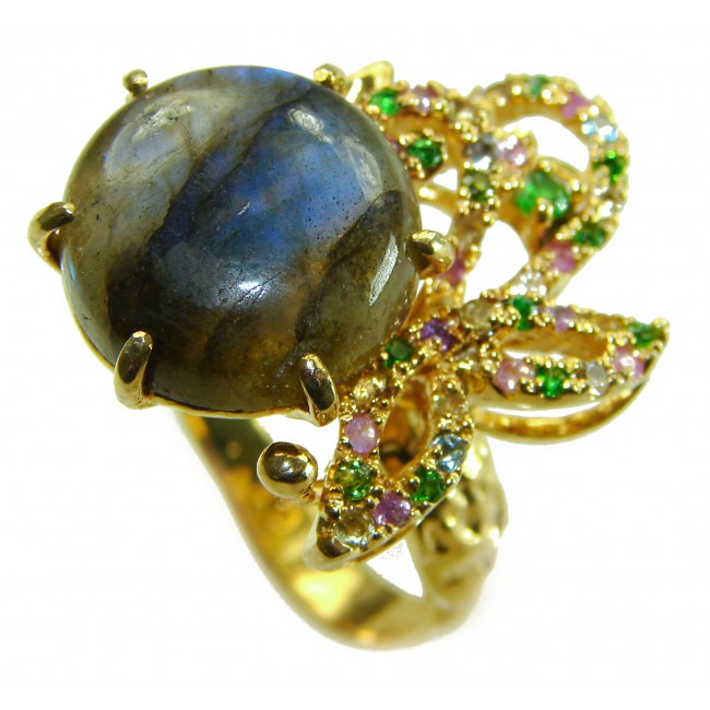Shimmering Natural Labradorite 18K Gold over .925 Sterling Silver handcrafted Large ring size 8
