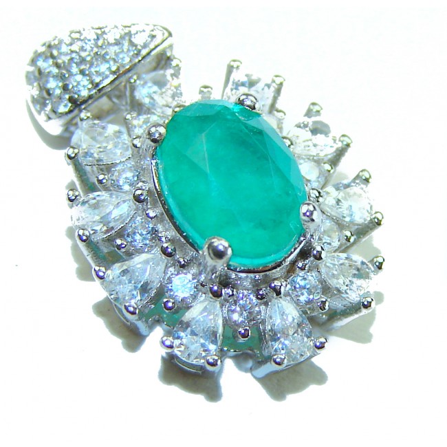 Francesca - authentic EMERALD .925 Sterling Silver handcrafted Pendant - Emerald and diamond pendant close-up on silver setting
