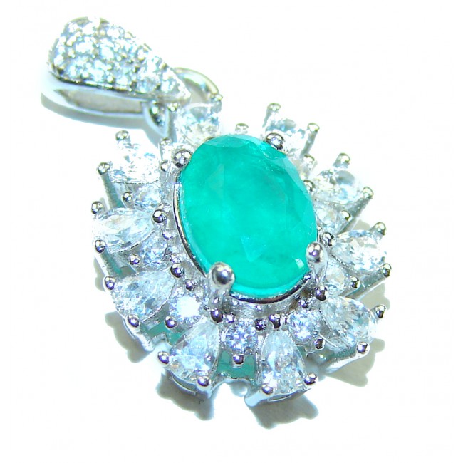 Francesca - authentic EMERALD .925 Sterling Silver handcrafted Pendant - Emerald pendant with diamond halo in close-up view.