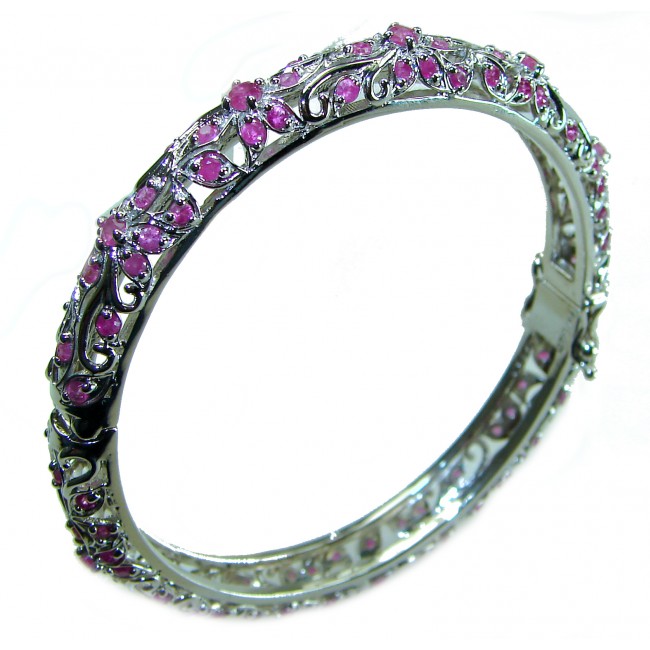 Precious Natural 17.5 carat Ruby .925 Sterling Silver handcrafted Bracelet - Side view of ruby-studded .925 sterling silver bracelet.