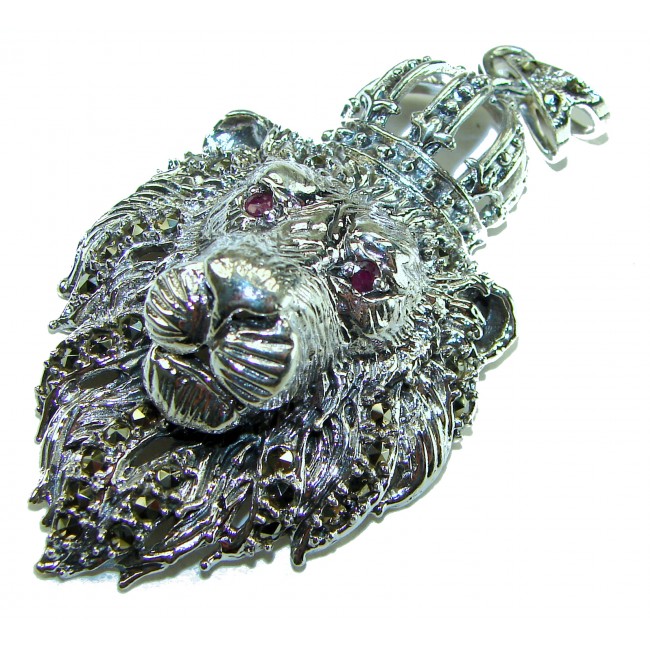 Sterling King Leo's head Marcasite Ruby .925 Silver Bali handmade Pendant