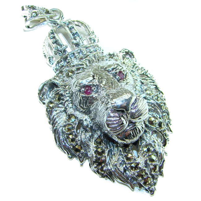 Sterling King Leo's head Marcasite Ruby .925 Silver Bali handmade Pendant