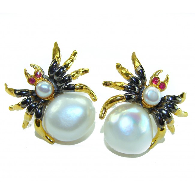 Genuine Pearl 14K Gold rhodium over .925 Sterling Silver handcrafted Statement Earrings