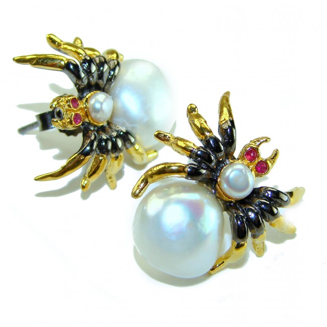 Genuine Pearl 14K Gold rhodium over .925 Sterling Silver handcrafted Statement Earrings