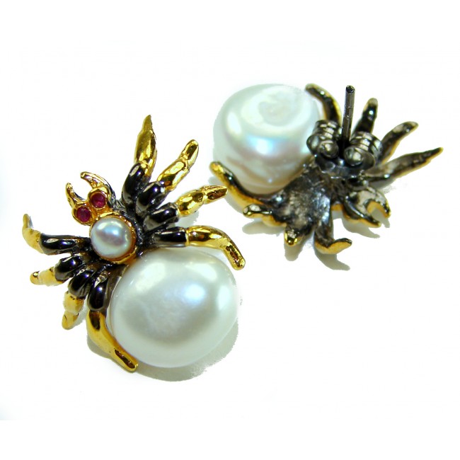 Genuine Pearl 14K Gold rhodium over .925 Sterling Silver handcrafted Statement Earrings