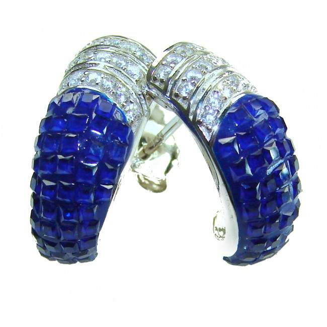 Blue Royalty 7.2 carat Sapphire .925 Sterling Silver .925 Sterling Silver Statement earrings - Blue sapphire and silver earrings, close-up on stones and setting.