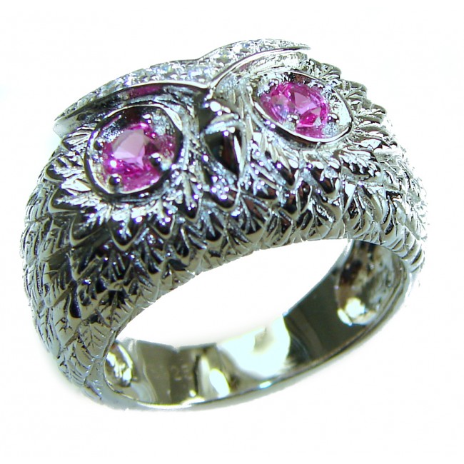 Owl 2.1 carat Pink Tourmaline Eyes .925 Sterling Silver dipped in real Gold handmade Ring size 7 1/4