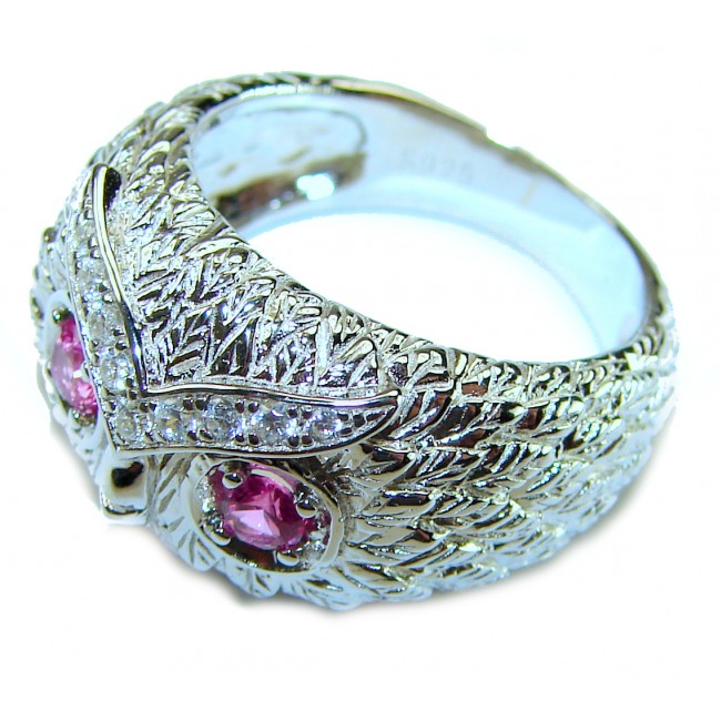 Owl 2.1 carat Pink Tourmaline Eyes .925 Sterling Silver dipped in real Gold handmade Ring size 7 1/4