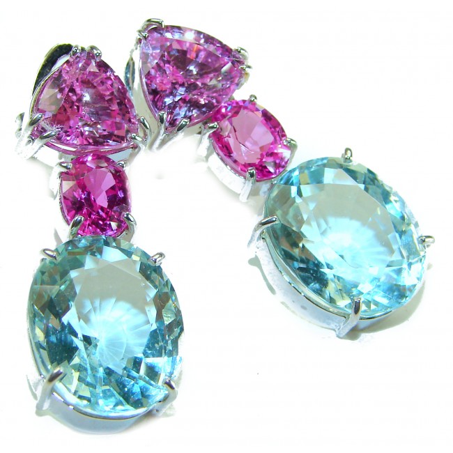 Outstanding Beauty authentic 25.2 carat Green Amethyst Pink Sapphire .925 Sterling Silver handcrafted earrings