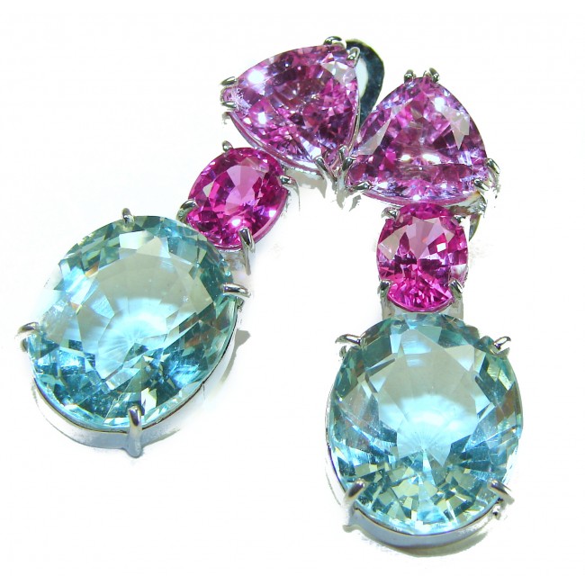 Outstanding Beauty authentic 25.2 carat Green Amethyst Pink Sapphire .925 Sterling Silver handcrafted earrings